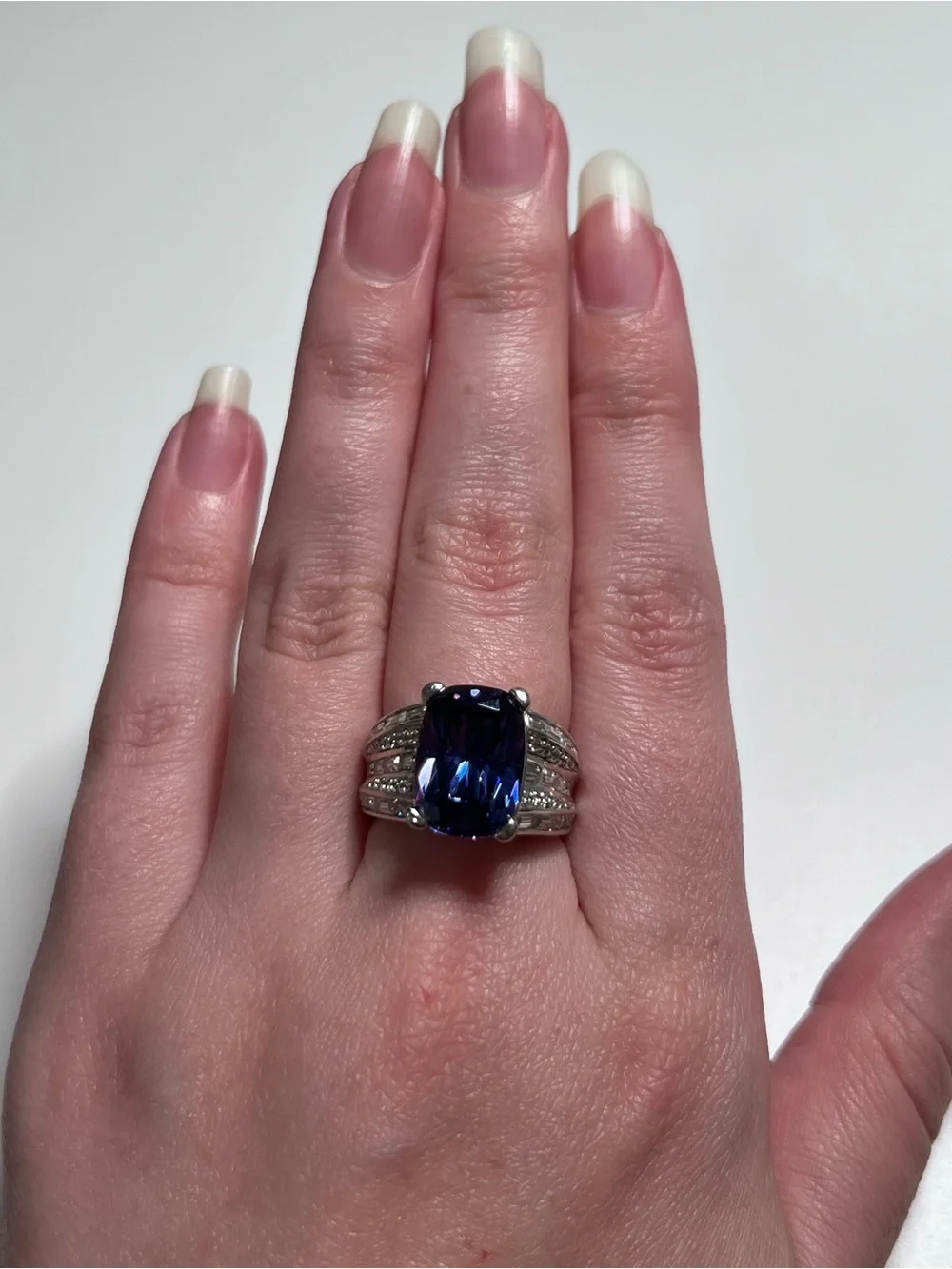 925 Sterling Silver Blue CZ Ring Cushion Cut Stone Set w/ Clear Accents Size 7